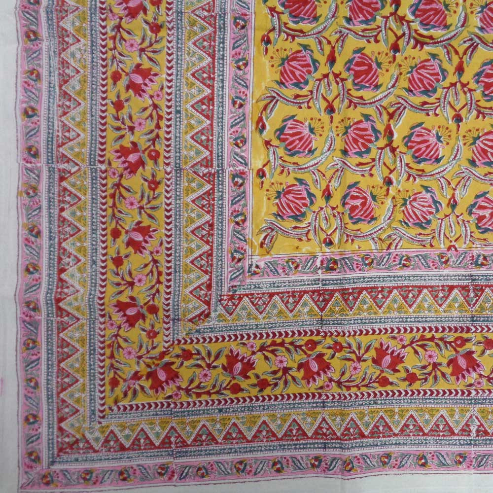 Hand Block Printed Cotton Tablecloth 150x220 cm Frost Mustard Floral Gud 109019