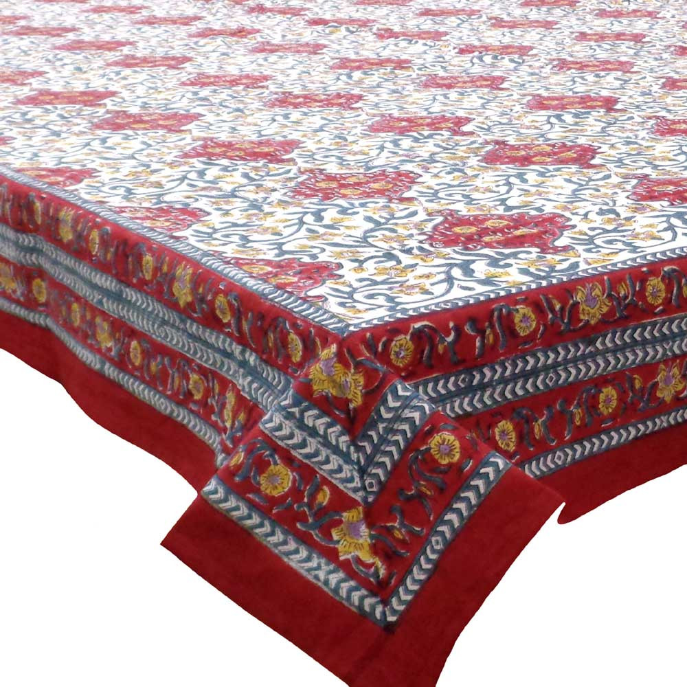 Hand Block Printed Cotton Tablecloth 150x220 cm  Green Motif Open 103718