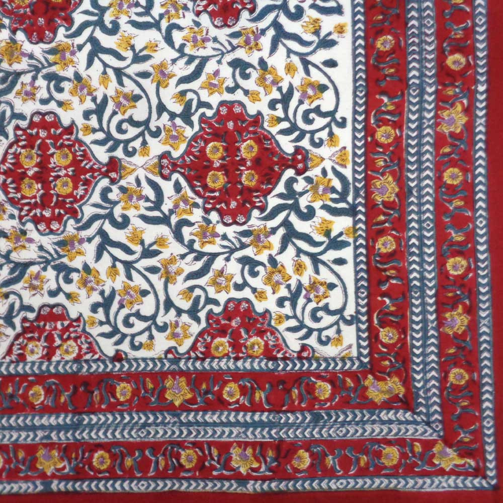 Hand Block Printed Cotton Tablecloth 150x220 cm  Green Motif Open 103718