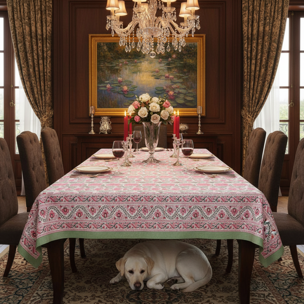 Image of Hand Block Printed Cotton Tablecloth 150x220 cm | Kamal Gulabi Open 103739