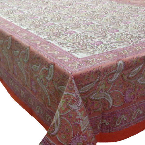 Hand Block Printed Cotton Tablecloth 150x220 cm Paisley Delight Pink 109143