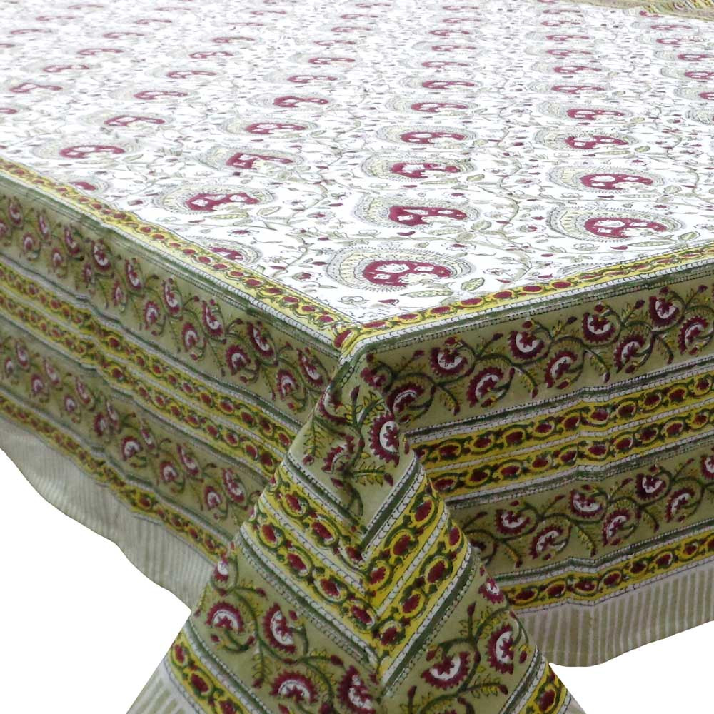 Hand Block Printed Cotton Tablecloth 150x220 cm  Pan Leaf Rose Brown 103729