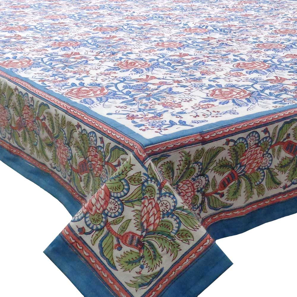 Hand Block Printed Cotton Tablecloth 150x220 cm  Rose Green Open 103629