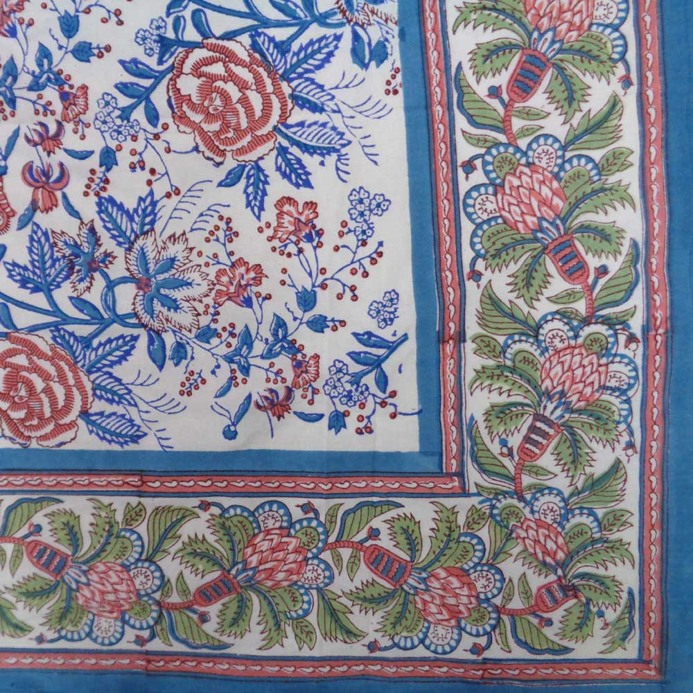Hand Block Printed Cotton Tablecloth 150x220 cm Rose Green Open 103629