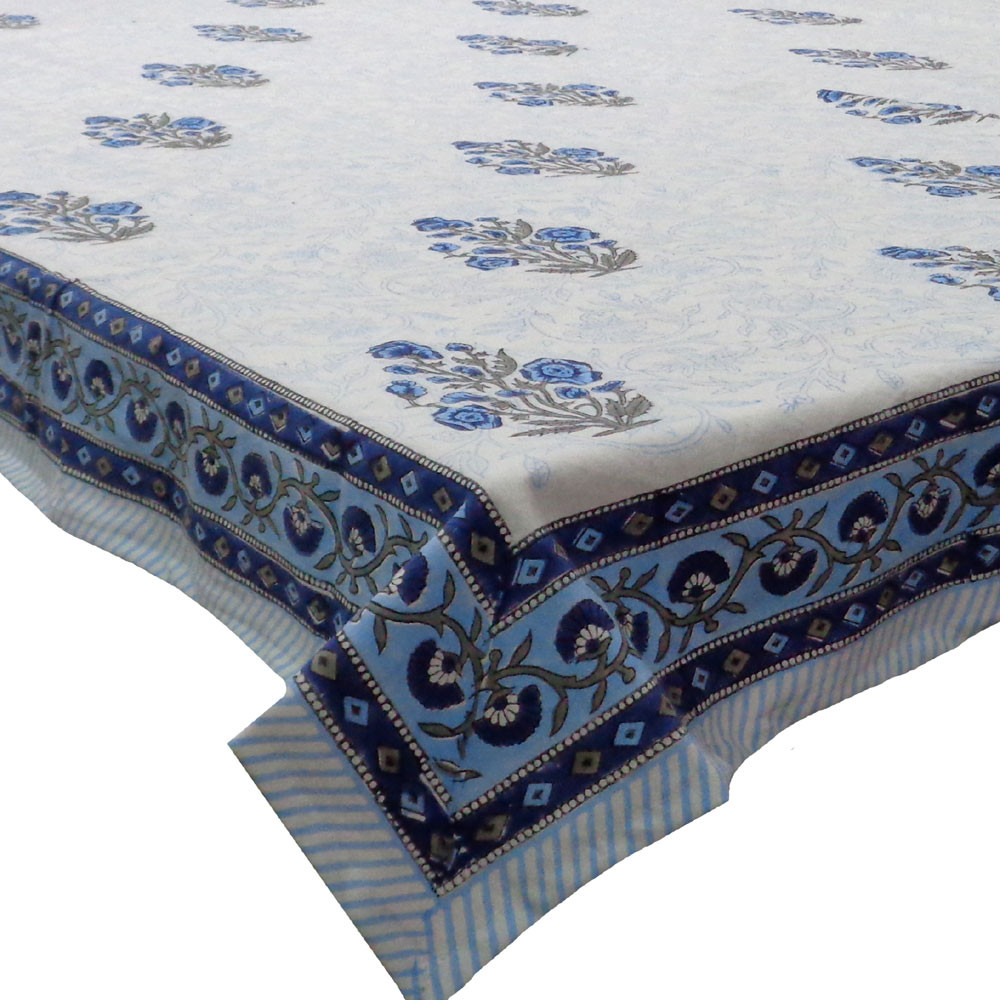 Hand Block Printed Cotton Tablecloth 150x220 cm  Teen Phool Nila 103570