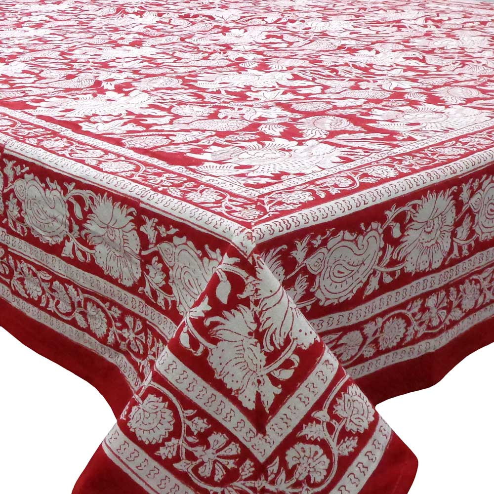Hand Block Printed Cotton Tablecloth 150x220 cms Amarnath Rococco Red 200196