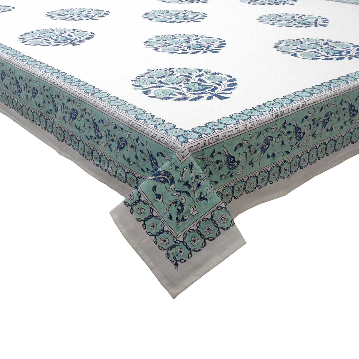 Hand Block Printed Cotton Tablecloth 150x220 cms Bhara Ped Teal 504756