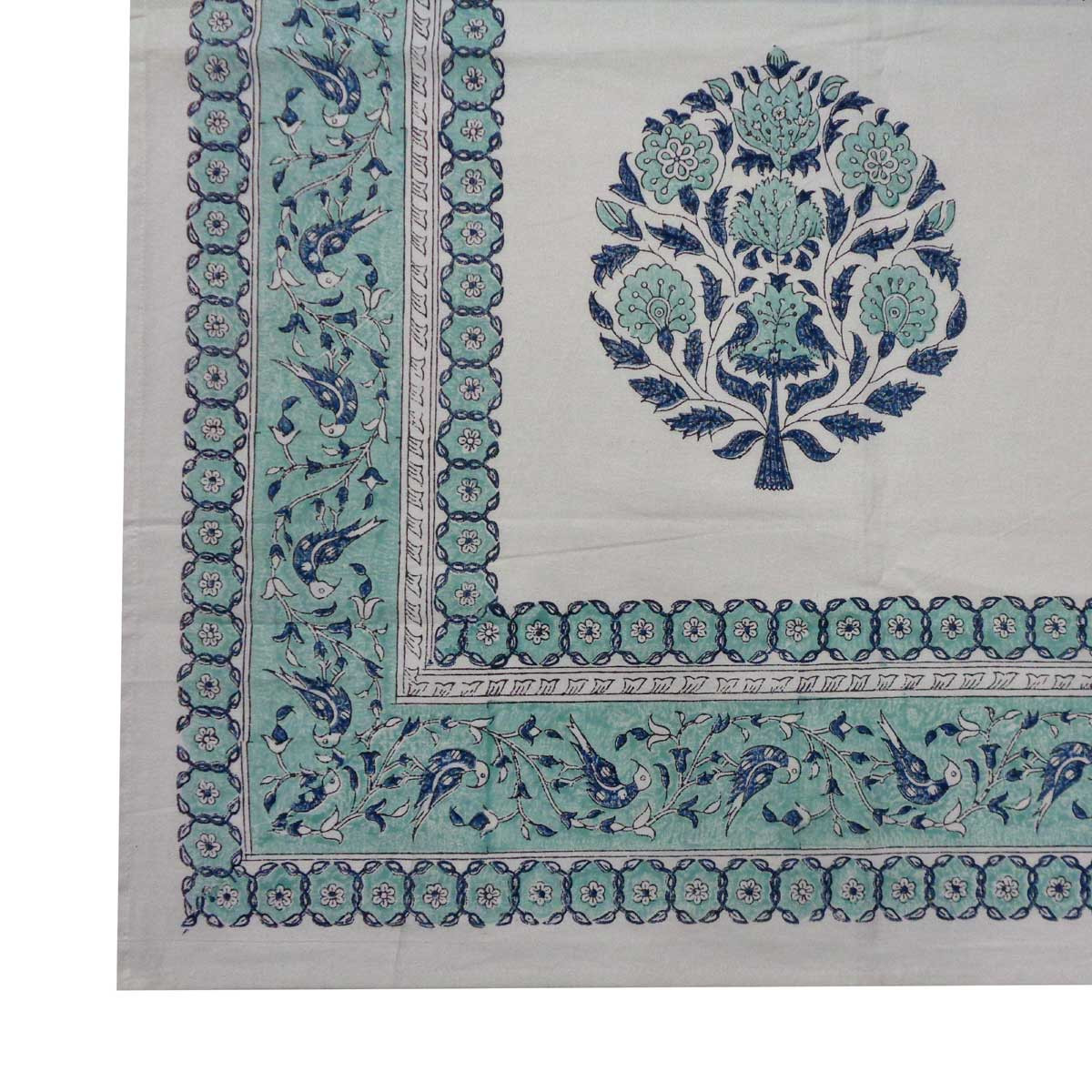 Hand Block Printed Cotton Tablecloth 150x220 cms Bhara Ped Teal 504756