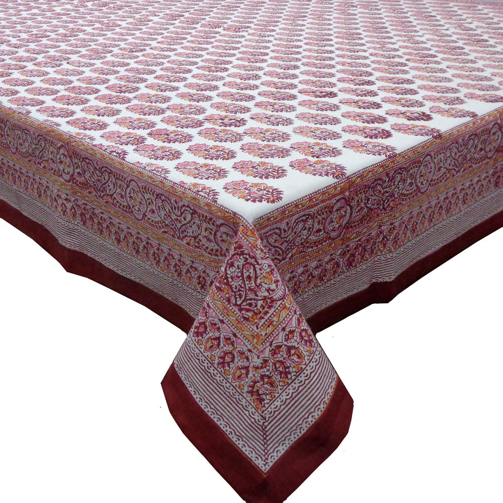 Hand Block Printed Cotton Tablecloth 150x220 cms  Big Paisley Pink Boota 100975