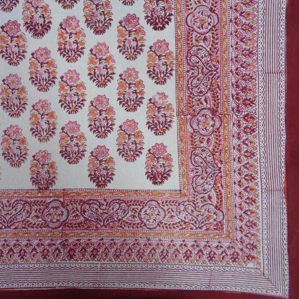 Hand Block Printed Cotton Tablecloth 150x220 cms Big Paisley Pink Boota 100975