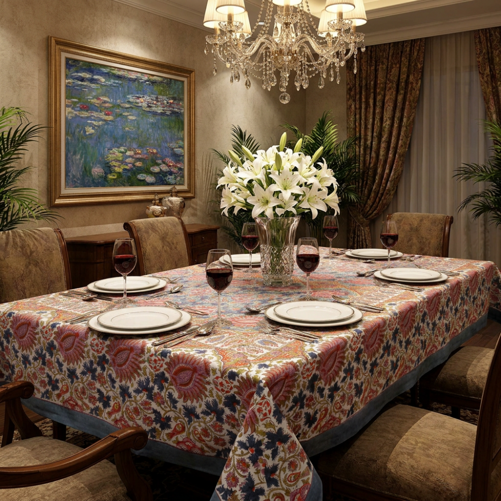Image of Hand Block Printed Cotton Tablecloth 150x220 cms | Bird Of Paradise Gud 204347