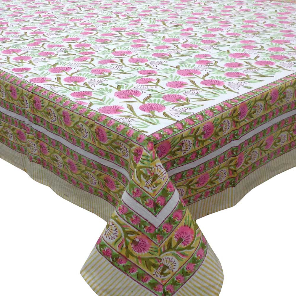 Hand Block Printed Cotton Tablecloth 150x220 cms  Blossom Pink Open 203249
