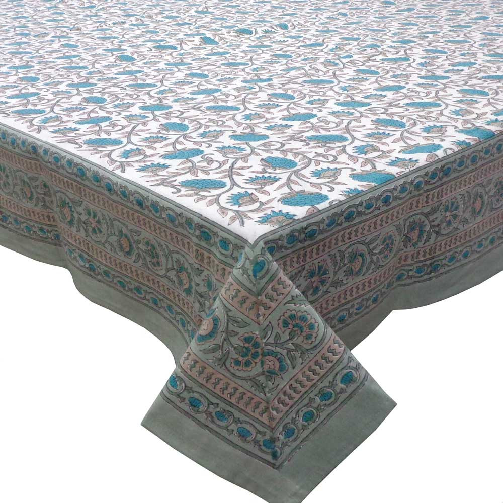 Hand Block Printed Cotton Tablecloth 150x220 cms Blue Flower Open 203193