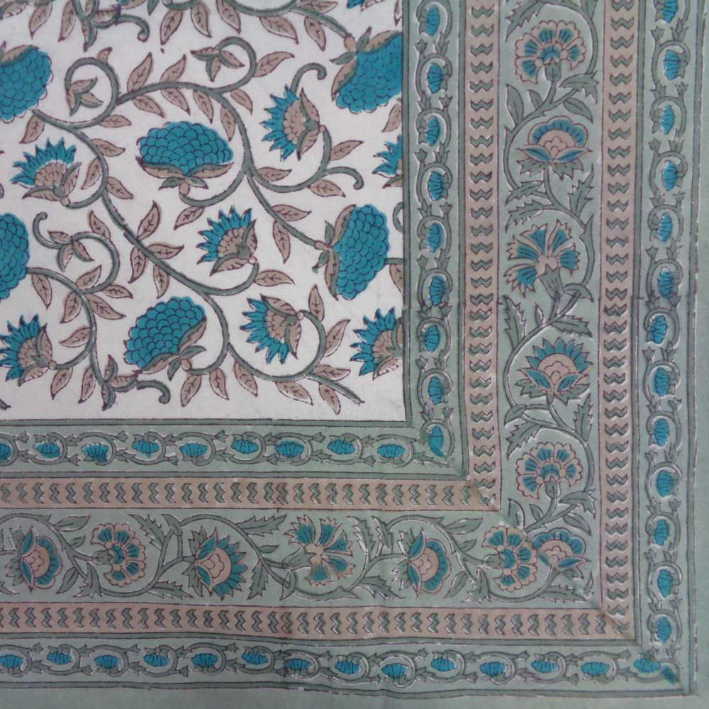 Hand Block Printed Cotton Tablecloth 150x220 cms Blue Flower Open 203193