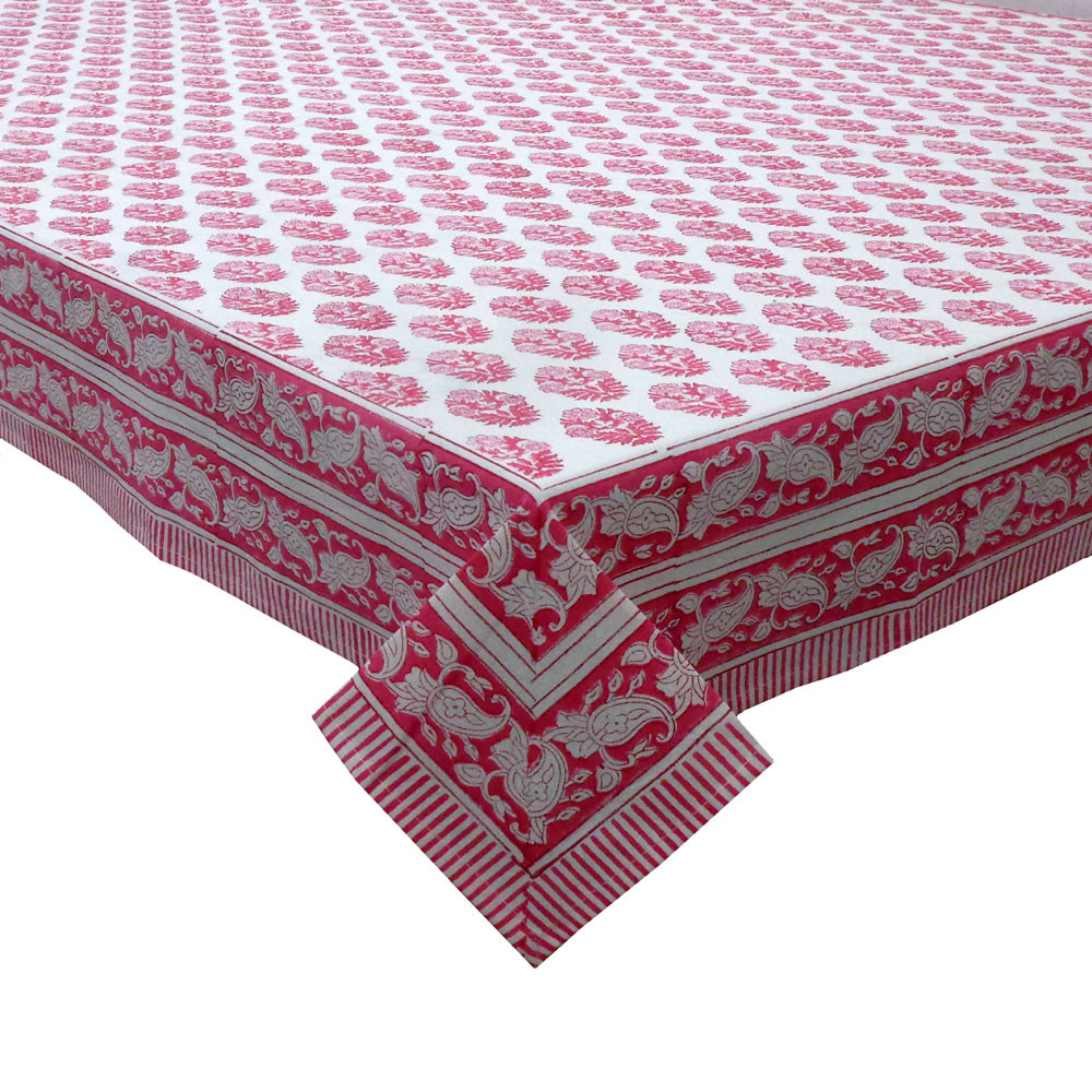 Hand Block Printed Cotton Tablecloth 150x220 cms Boota Carmine Pink 302344