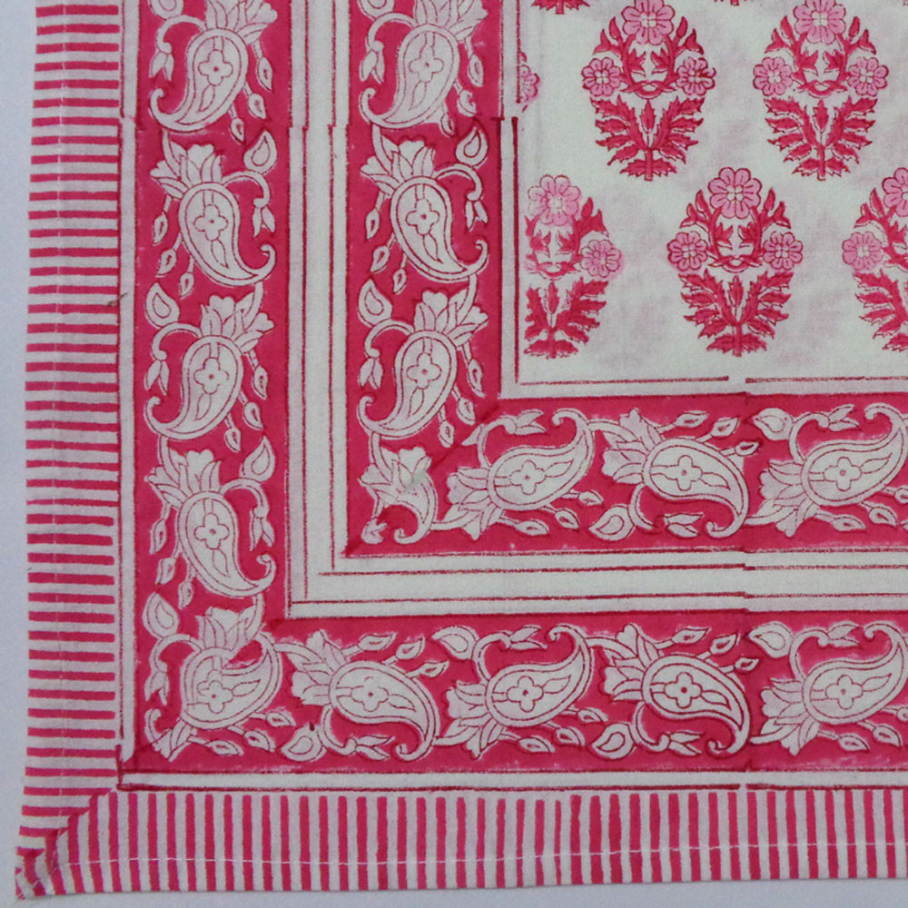 Hand Block Printed Cotton Tablecloth 150x220 cms  Boota Carmine Pink 302344