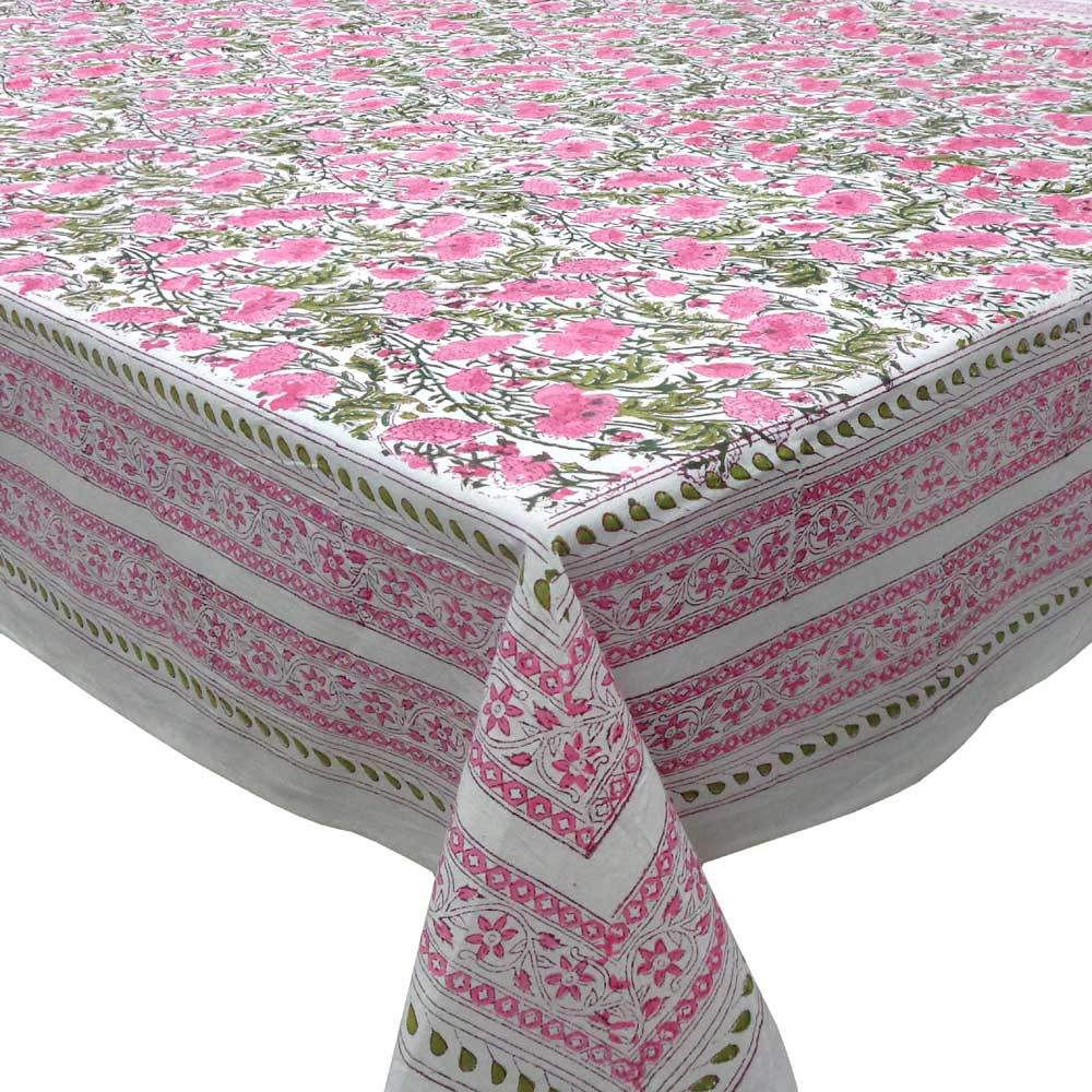 Hand Block Printed Cotton Tablecloth 150x220 cms  Bush Flower Pink 203787