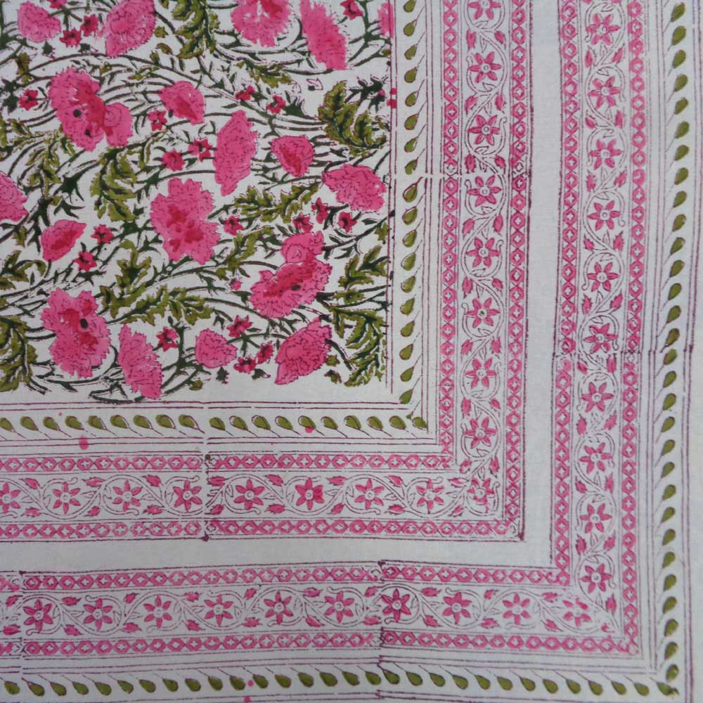 Hand Block Printed Cotton Tablecloth 150x220 cms  Bush Flower Pink 203787