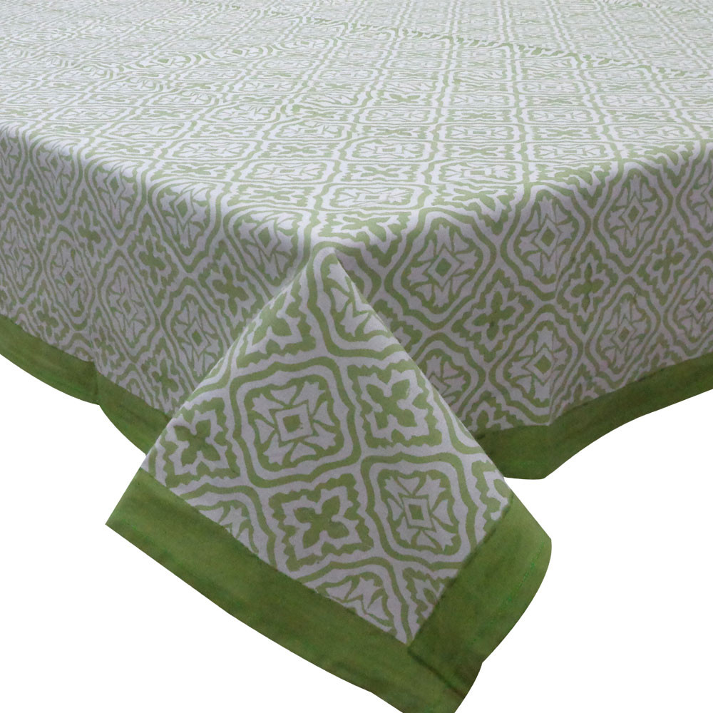 Hand Block Printed Cotton Tablecloth 150x220 cms Cross Flower Celadon Green 408905