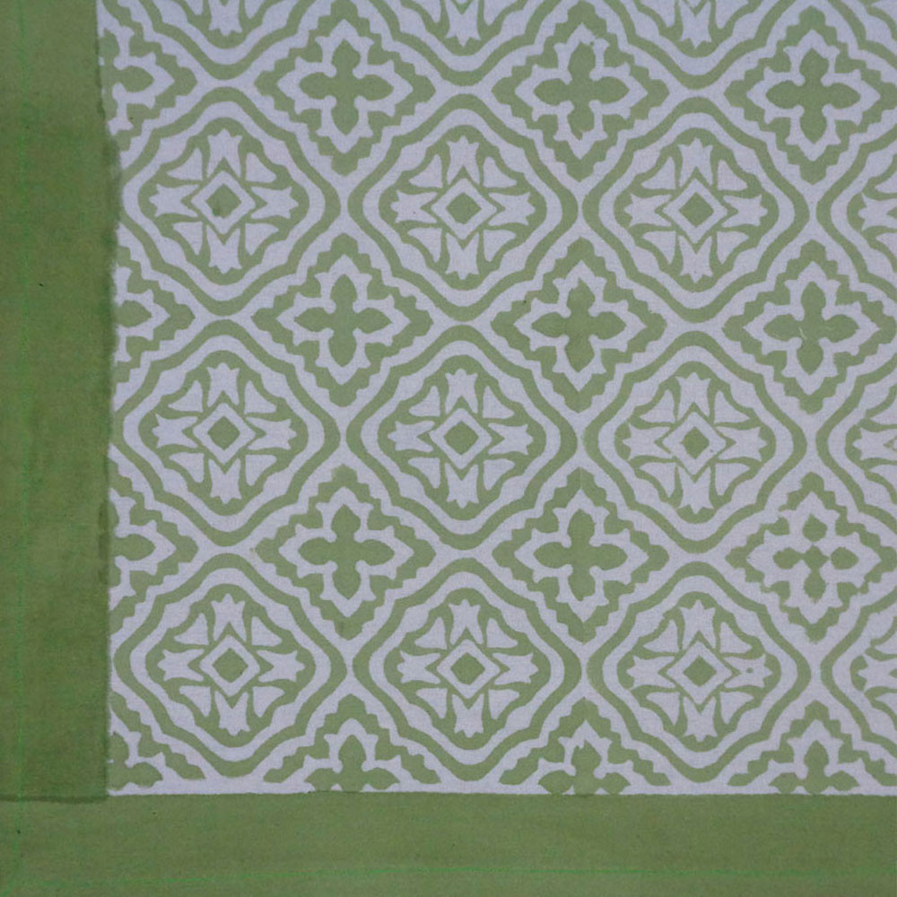 Hand Block Printed Cotton Tablecloth 150x220 cms  Cross Flower Celadon Green 408905