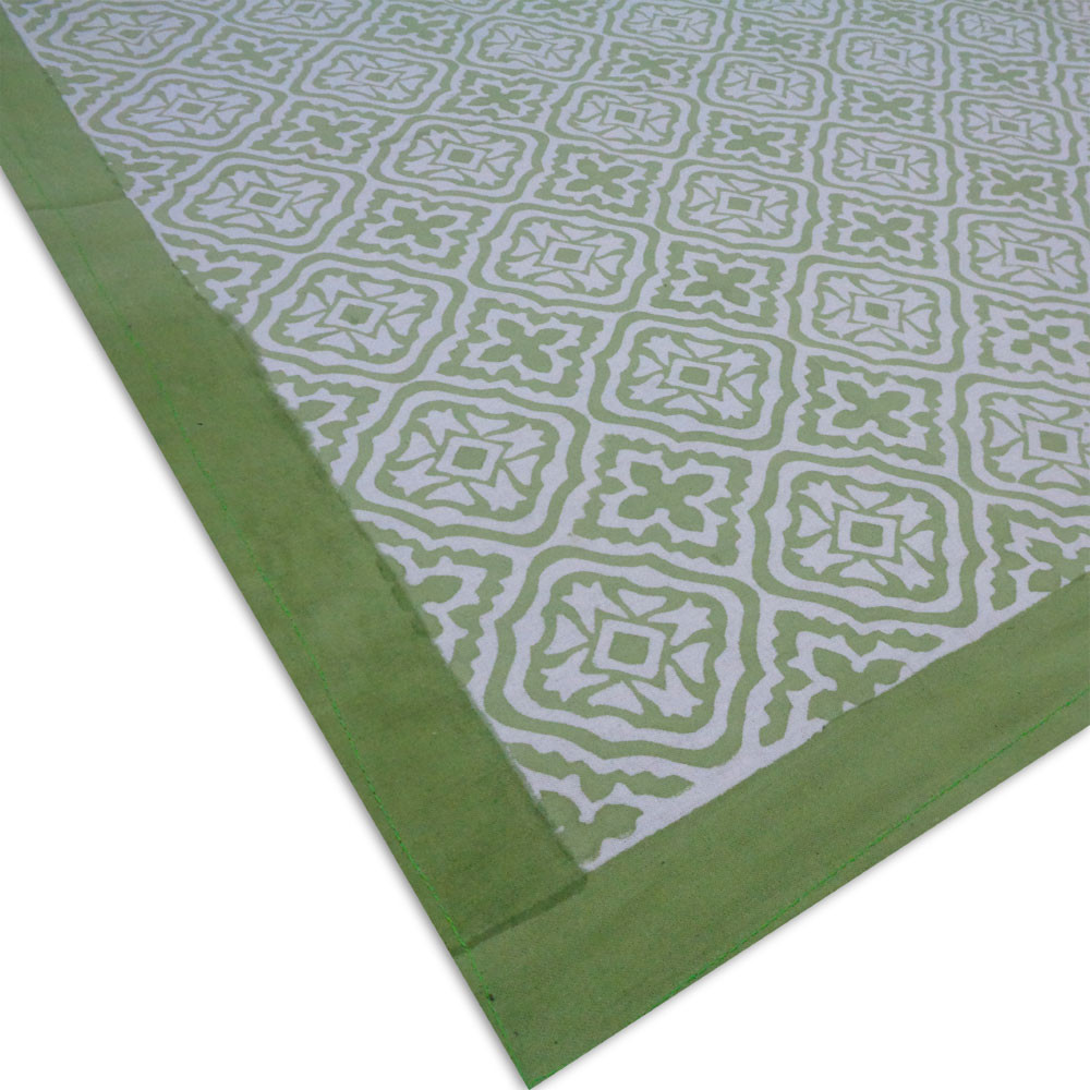 Hand Block Printed Cotton Tablecloth 150x220 cms  Cross Flower Celadon Green 408905