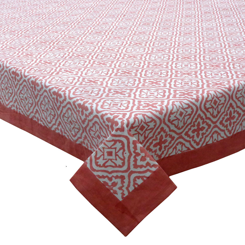 Hand Block Printed Cotton Tablecloth 150x220 cms  Cross Flower Jaipur Pink 302338