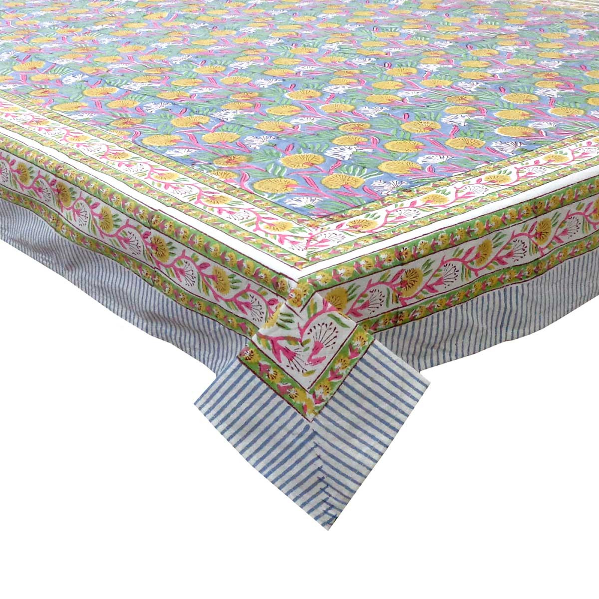 Hand Block Printed Cotton Tablecloth 150x220 cms Dandilion Cornflower 605167