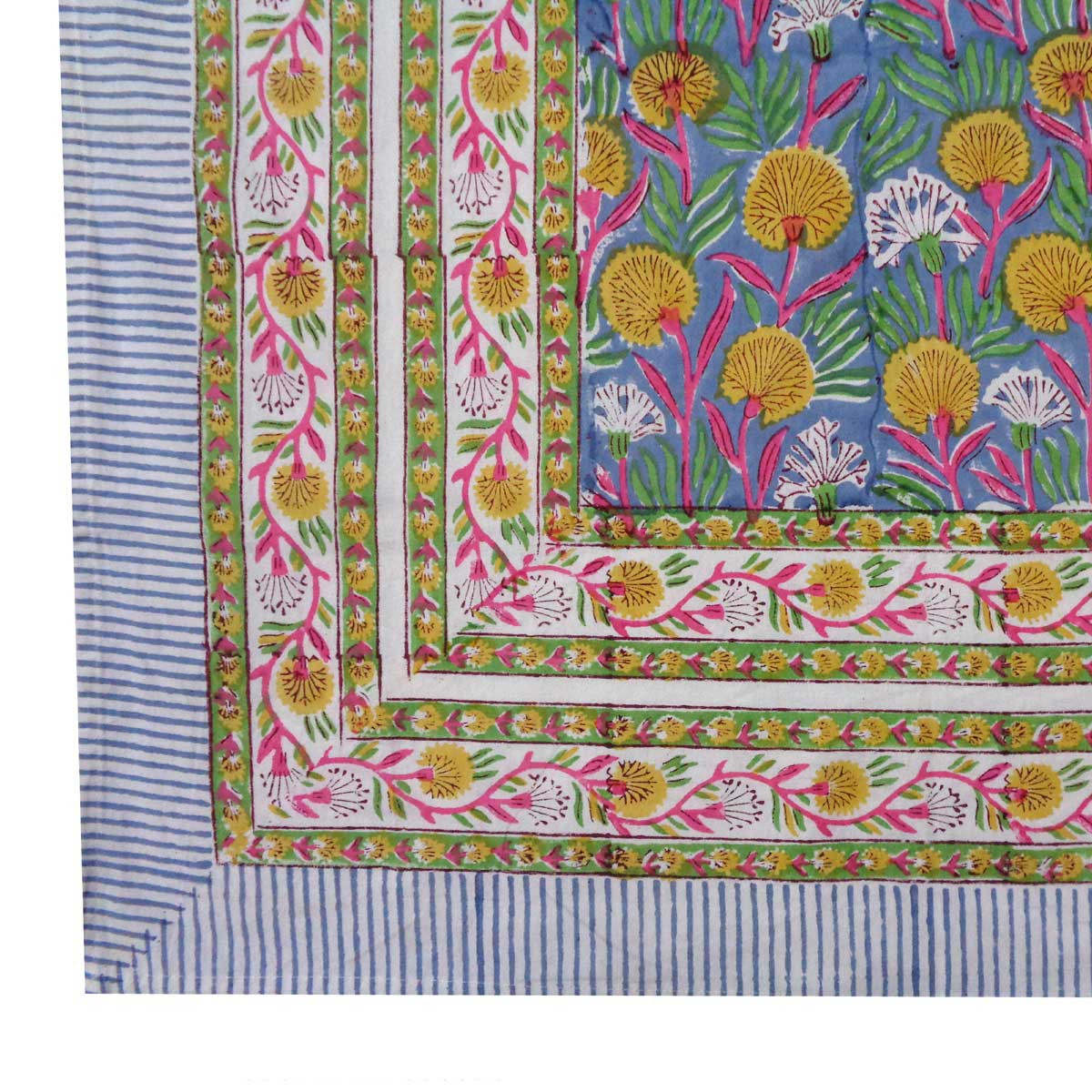 Hand Block Printed Cotton Tablecloth 150x220 cms Dandilion Cornflower 605167