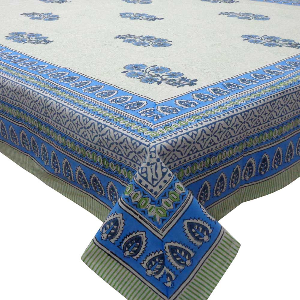 Hand Block Printed Cotton Tablecloth 150x220 cms Desert Blossom Blue Boota Open 203171