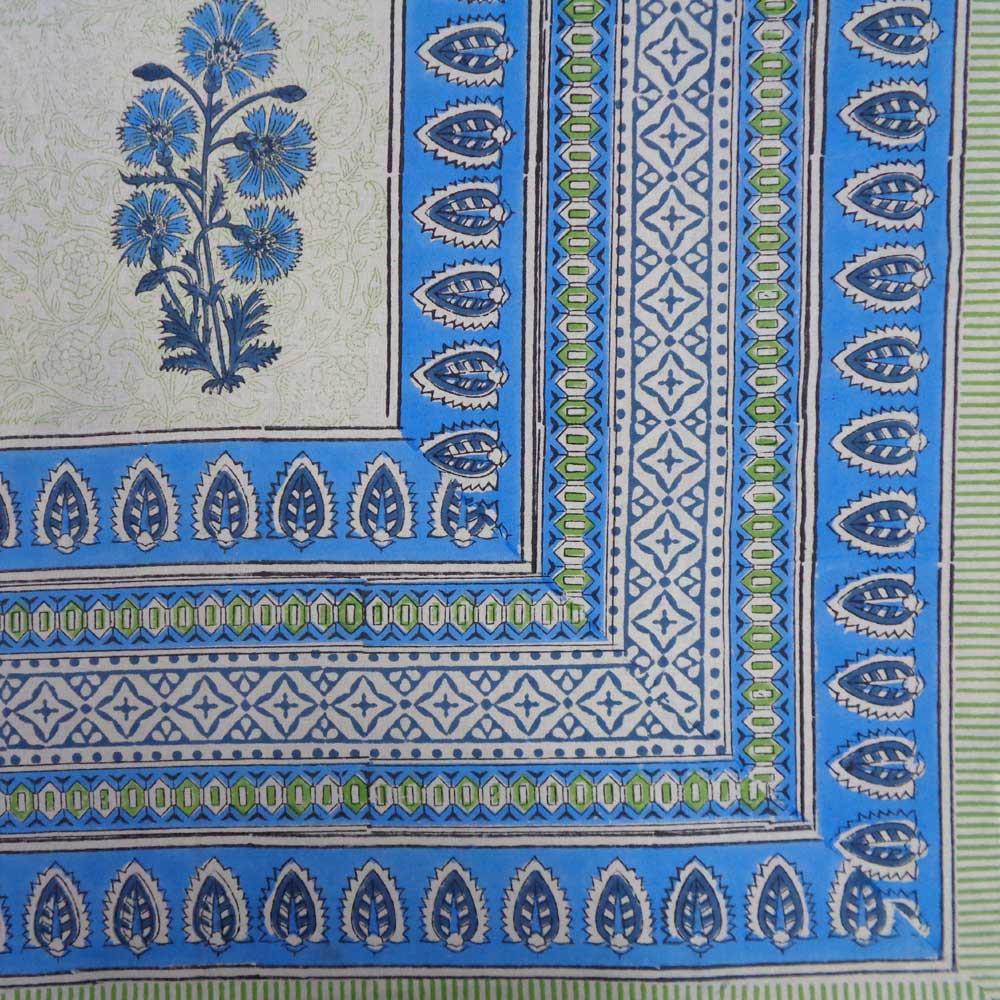Hand Block Printed Cotton Tablecloth 150x220 cms  Desert Blossom Blue Boota Open 203171