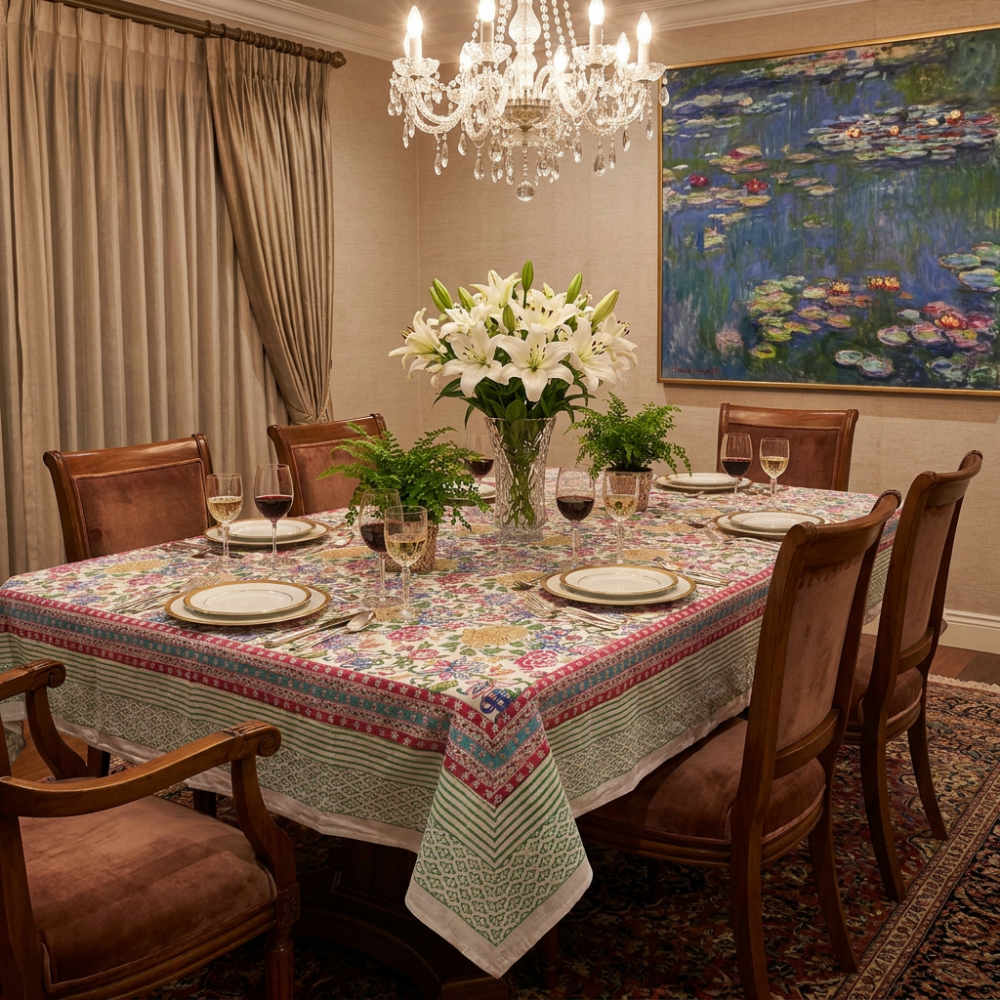 Image of Hand Block Printed Cotton Tablecloth 150x220 cms | Floral Canvas Blue Jade Open 106801