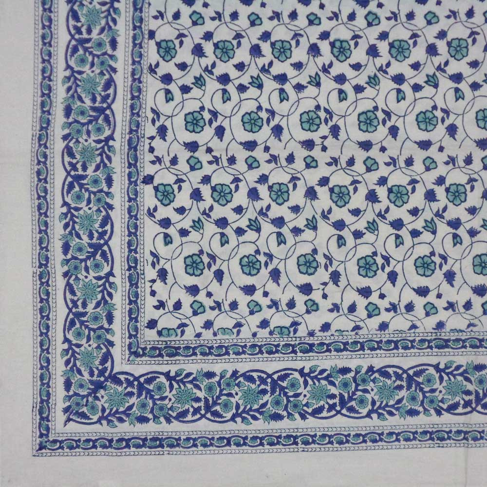 Hand Block Printed Cotton Tablecloth 150x220 cms  Floral Kali Blue 203903