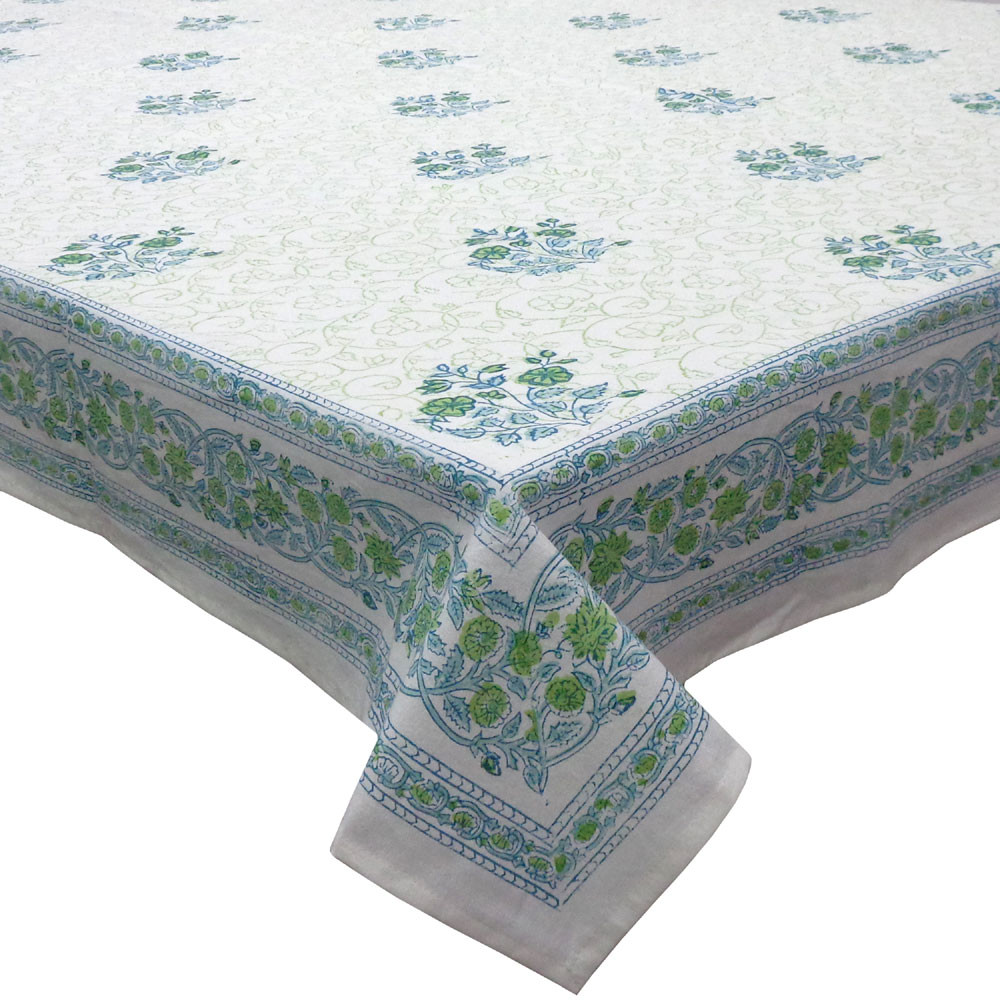 Hand Block Printed Cotton Tablecloth 150x220 cms  Floral Kali Green Booti 203271