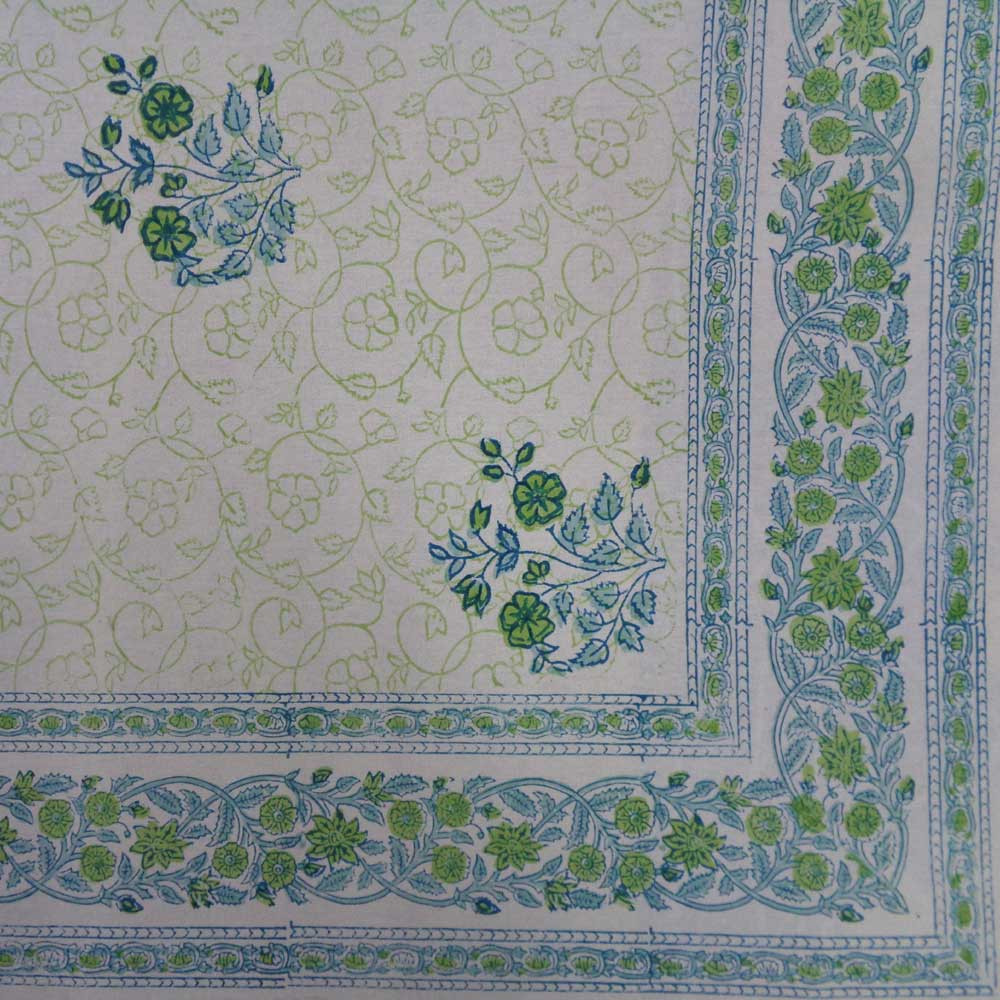 Hand Block Printed Cotton Tablecloth 150x220 cms Floral Kali Green Booti 203271