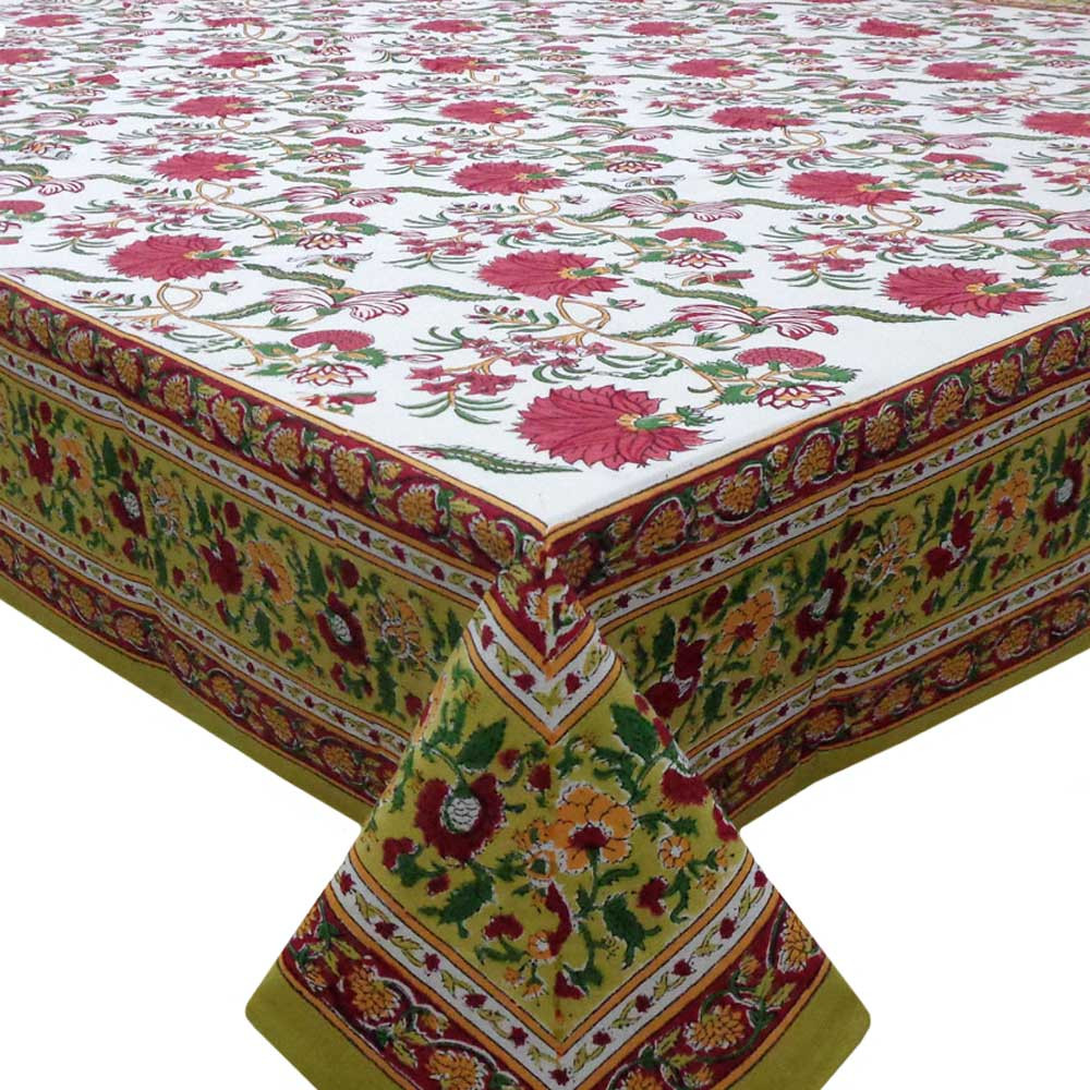 Hand Block Printed Cotton Tablecloth 150x220 cms  Flower Blossom Canary Open 203177