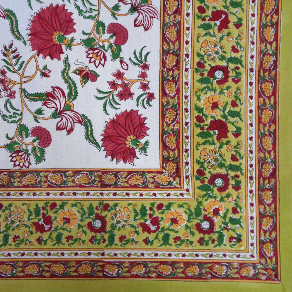 Hand Block Printed Cotton Tablecloth 150x220 cms  Flower Blossom Canary Open 203177