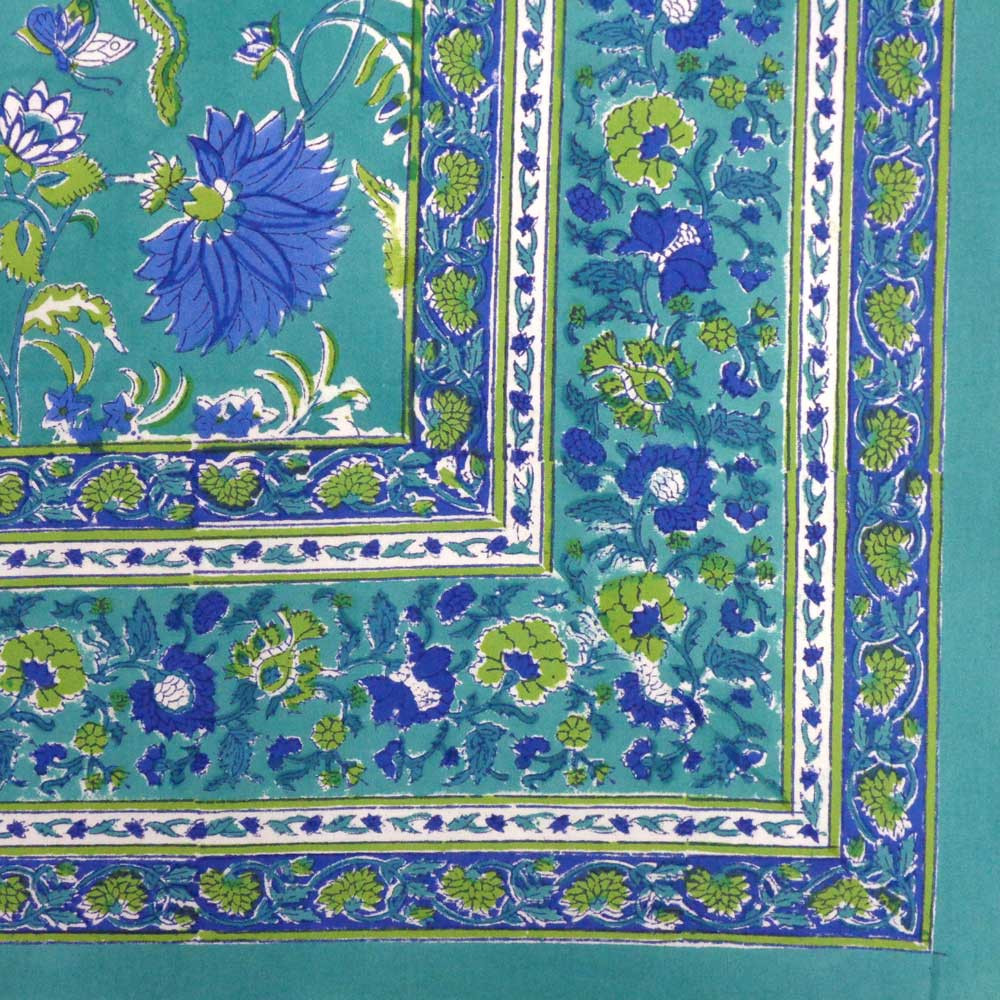 Hand Block Printed Cotton Tablecloth 150x220 cms  Flower Blossom Sea Green Gud 106040