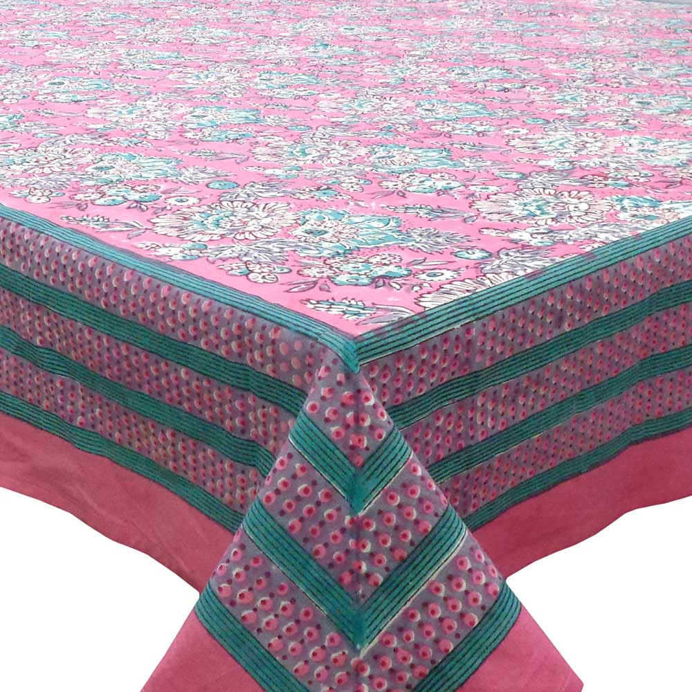 Hand Block Printed Cotton Tablecloth 150x220 cms Gerbera Candy Gud 100830