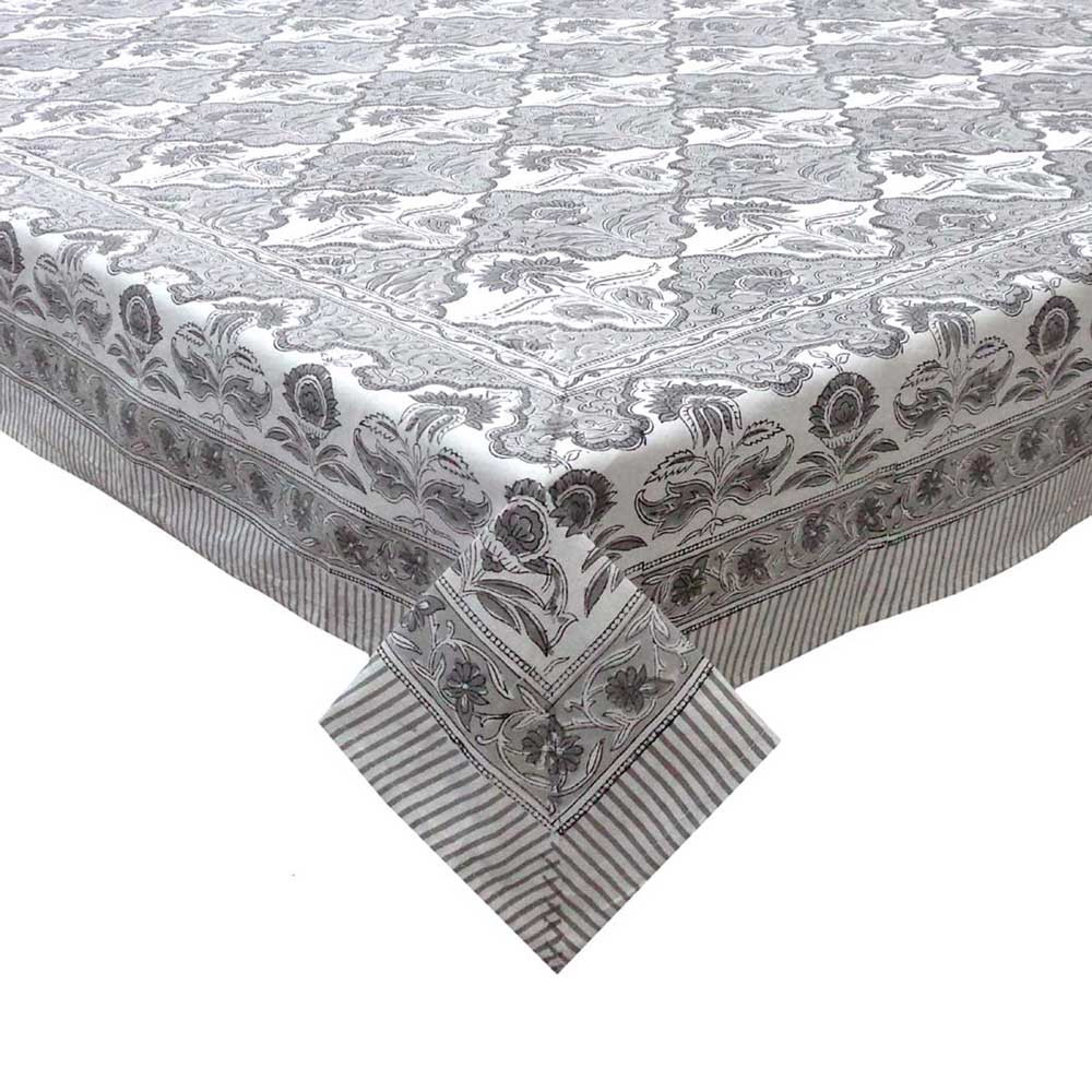 Hand Block Printed Cotton Tablecloth 150x220 cms  Grey Boota Patti 700684