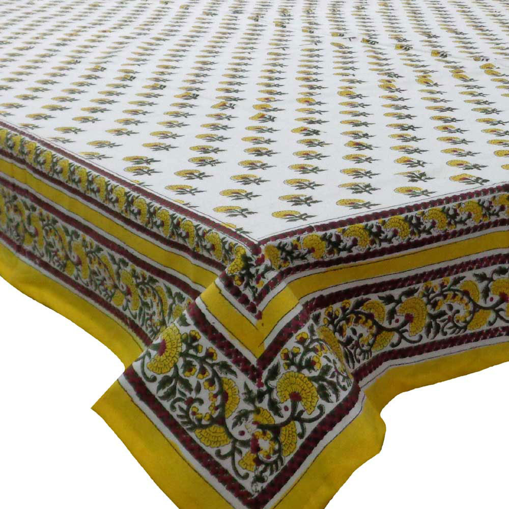 Hand Block Printed Cotton Tablecloth 150x220 cms  Marigold Booti Mustard 103580