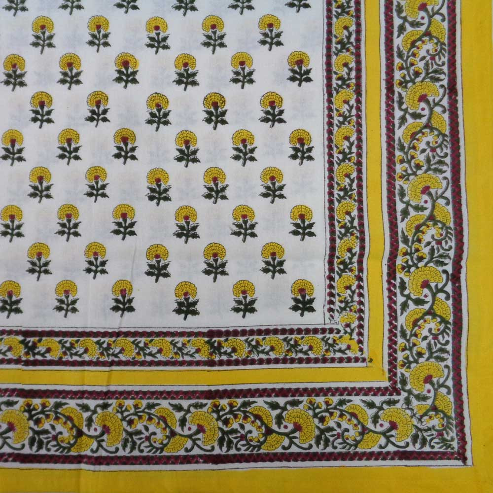 Hand Block Printed Cotton Tablecloth 150x220 cms  Marigold Booti Mustard 103580