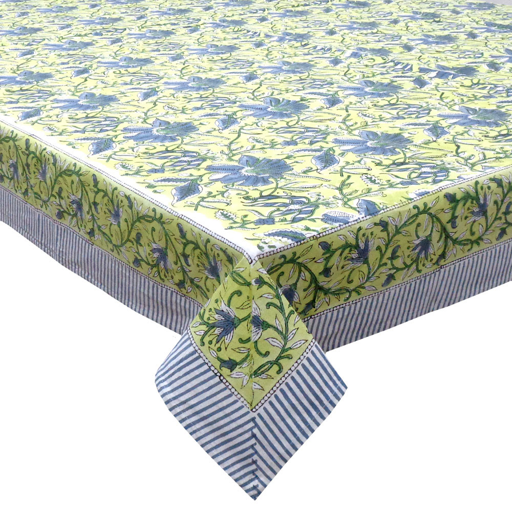 Hand Block Printed Cotton Tablecloth 150x220 cms Olive Flower Gud 602183