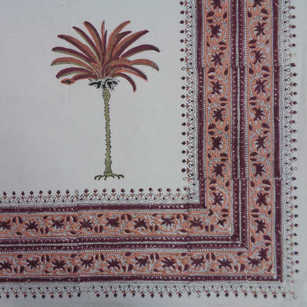 Hand Block Printed Cotton Tablecloth 150x220 cms Palm Tree Pink 109026