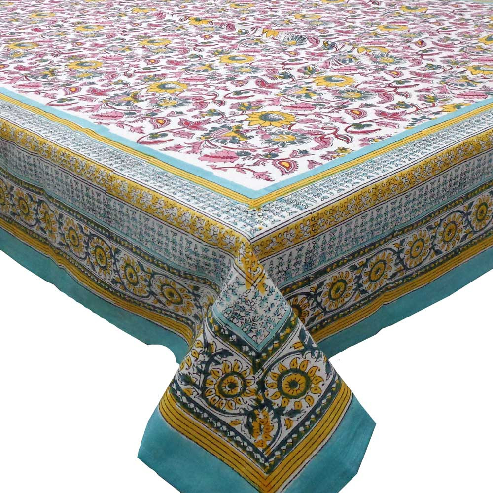 Hand Block Printed Cotton Tablecloth 150x220 cms Phuljhari Jade Open 203173