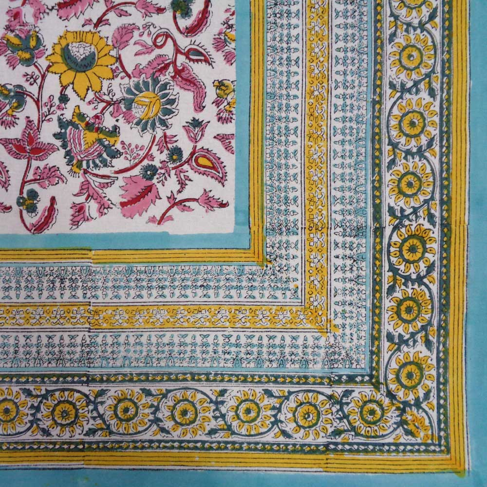 Hand Block Printed Cotton Tablecloth 150x220 cms Phuljhari Jade Open 203173