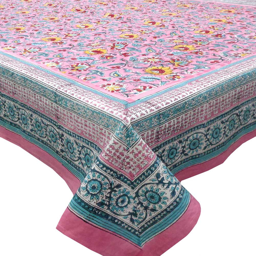 Hand Block Printed Cotton Tablecloth 150x220 cms  Phuljhari Pink Gud 204756