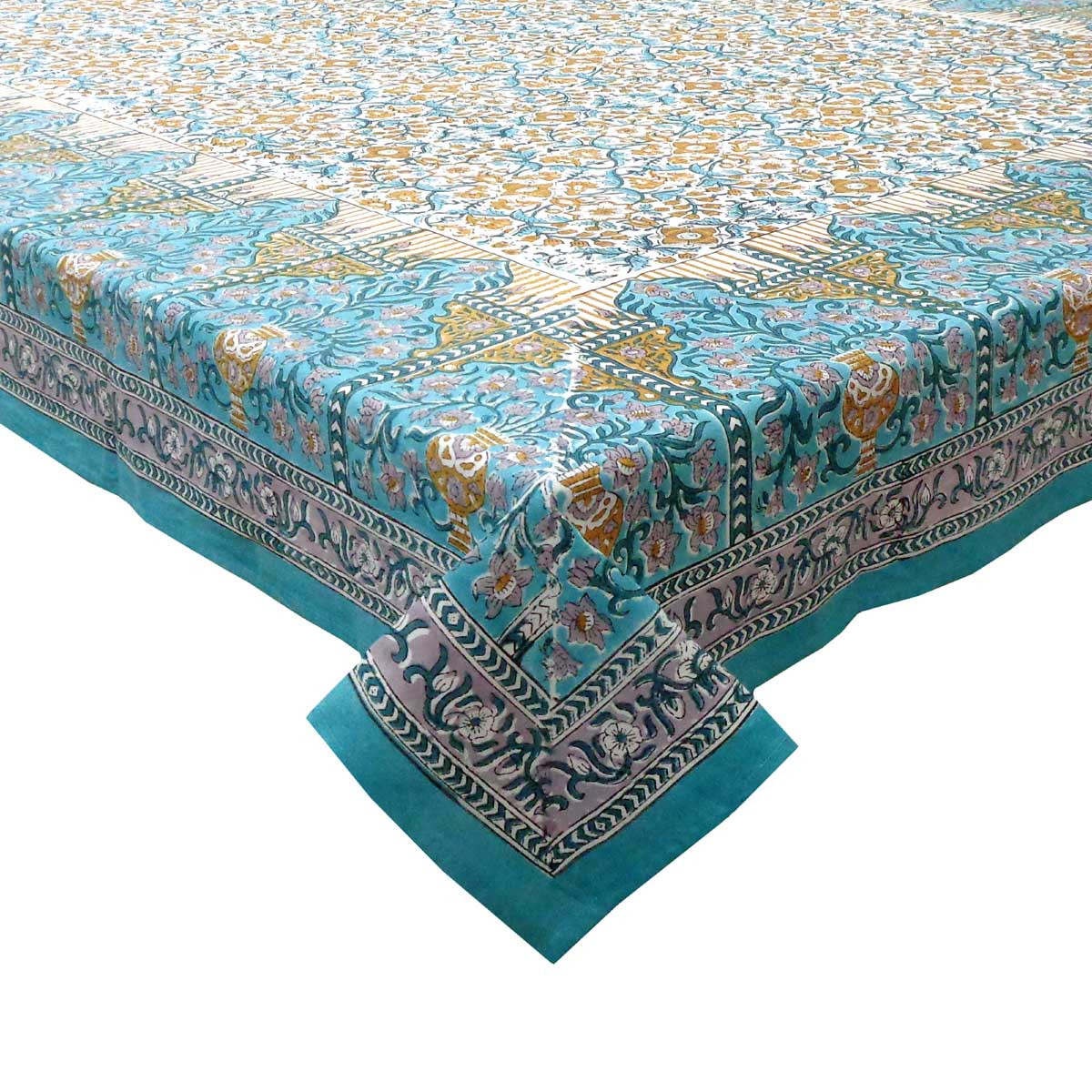 Hand Block Printed Cotton Tablecloth 150x220 cms  Phulwari Blue Tint Open 700651