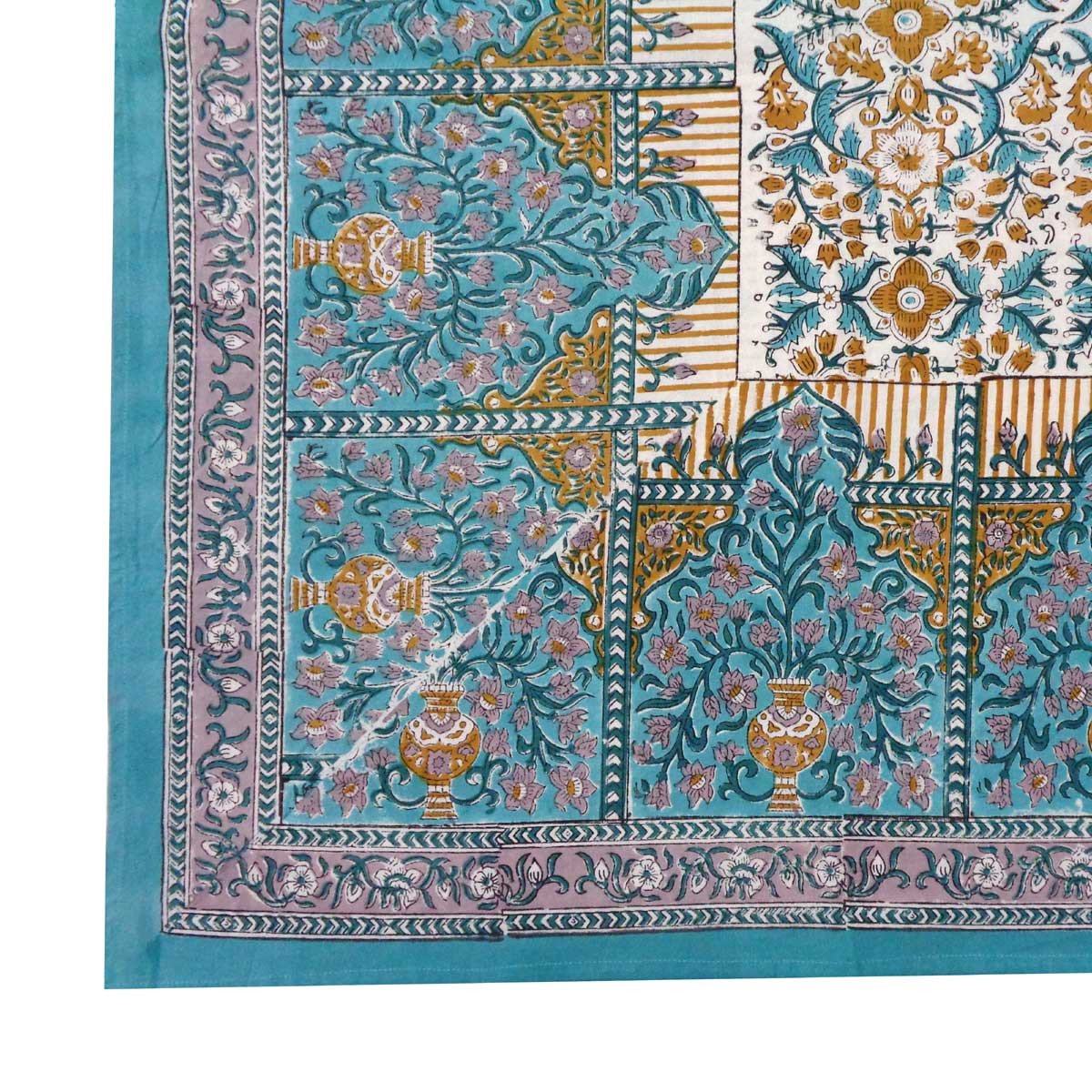 Hand Block Printed Cotton Tablecloth 150x220 cms  Phulwari Blue Tint Open 700651