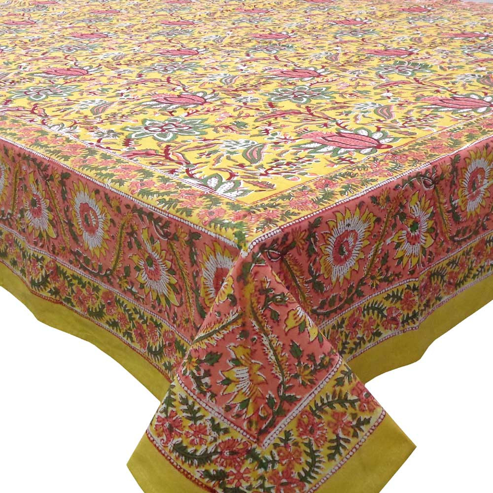 Hand Block Printed Cotton Tablecloth 150x220 cms Pila Lotus Gud 201842