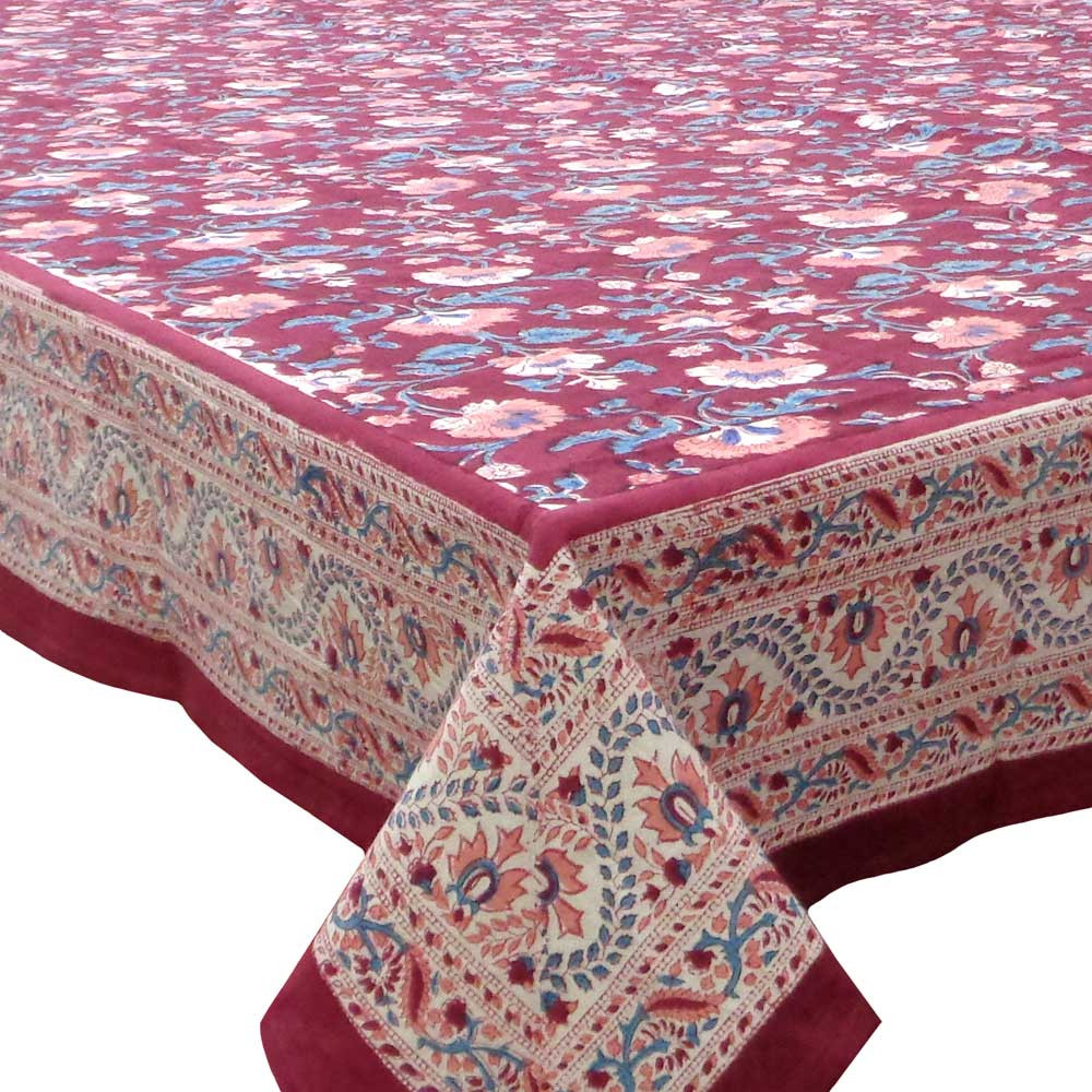 Hand Block Printed Cotton Tablecloth 150x220 cms Rukhsana Maroon Gud 105823